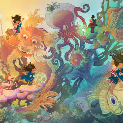 phantasie world underwater with dragon and fish