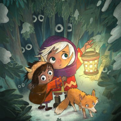 Kids and Fox lost in a dark forest
